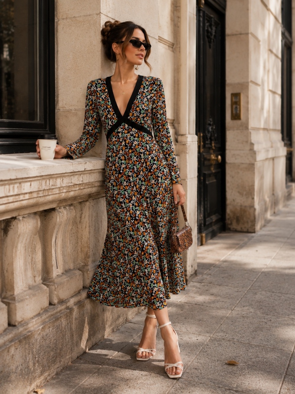 RIXO Tania Black Floral Long Sleeve V Neck Midi Dress Size 4